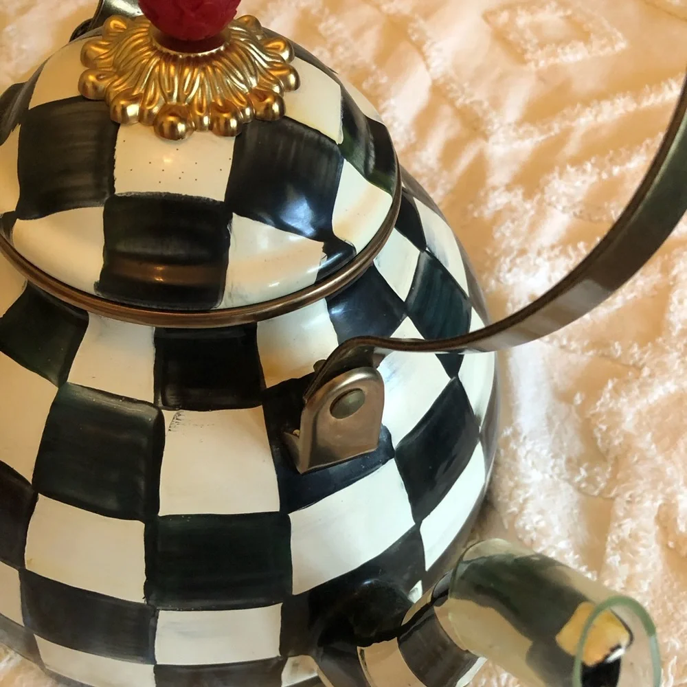 MacKenzie-Childs Black and White Checkered Teapot Kettle with Red Knob, 3qt - Picture 5 of 7